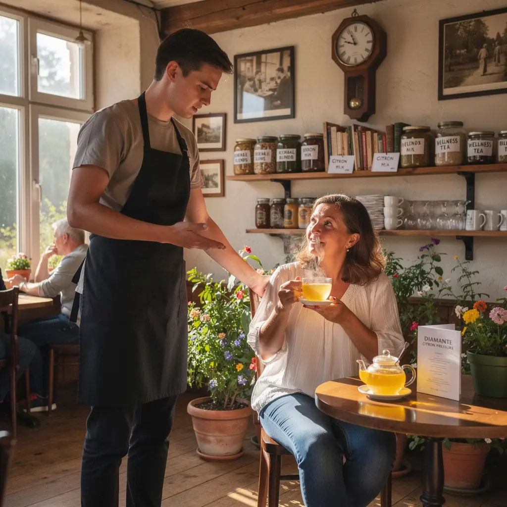 Žolelių ingredientai, įdėti į skaidrų indą, atspindintis natūralią arbatą.